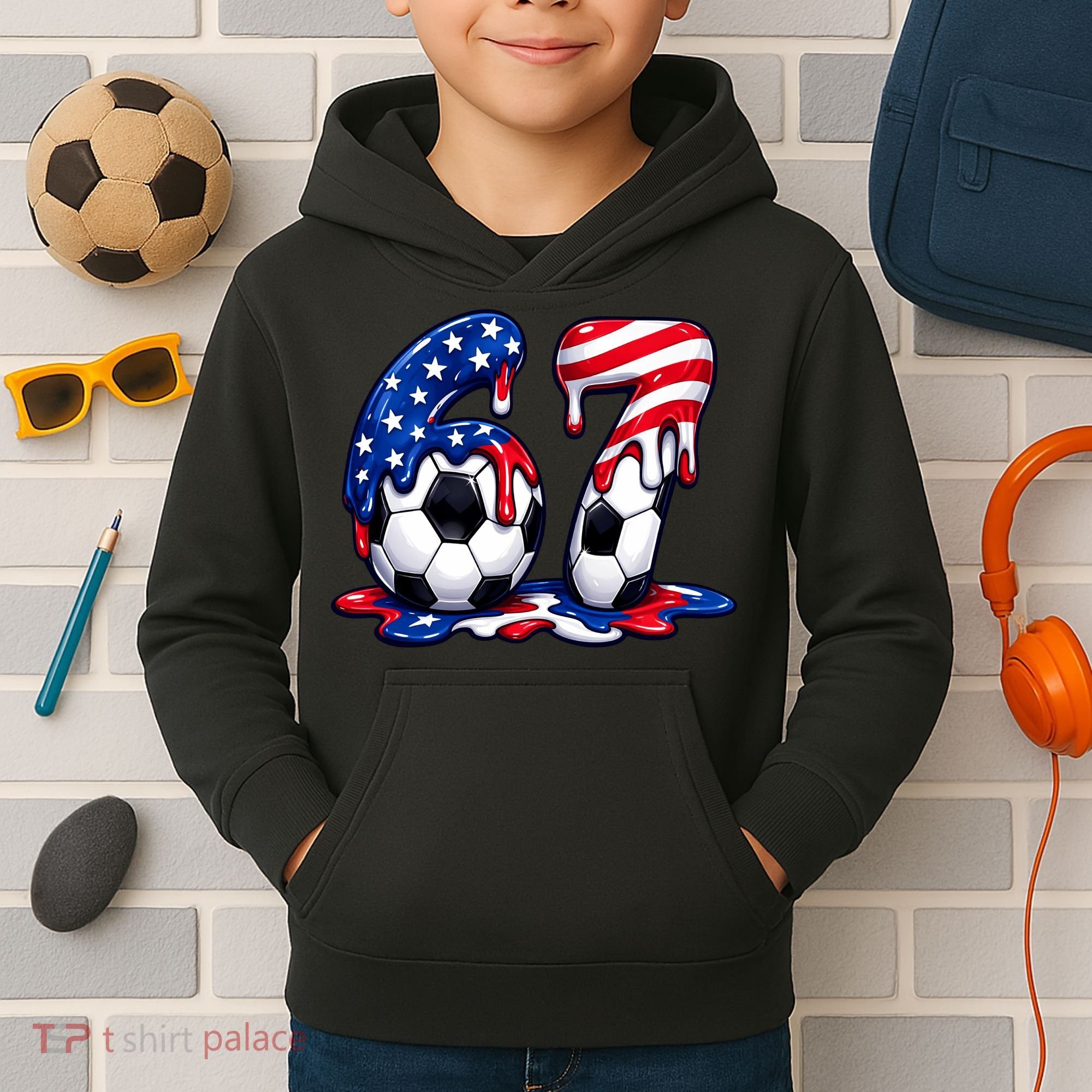 67th Birthday Soccer 6-7 Meme Six Seven Kids Hoodie