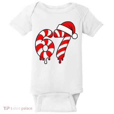 67 Christmas Candy Cane Number Sixty Seven Santa  Baby Bodysuit