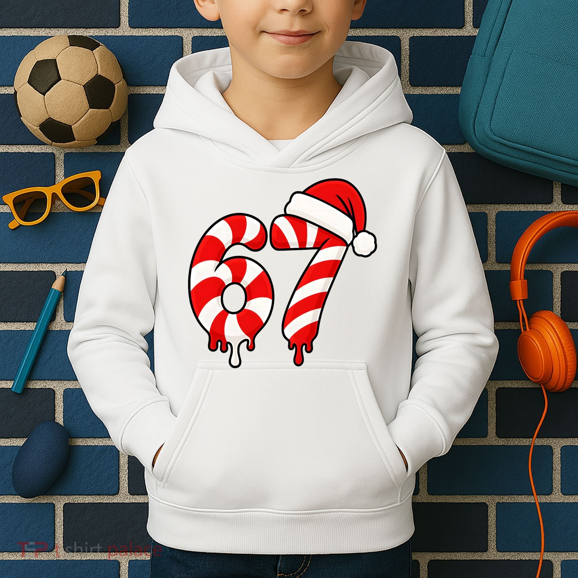 67 Christmas Candy Cane Number Sixty Seven Santa  Kids Hoodie