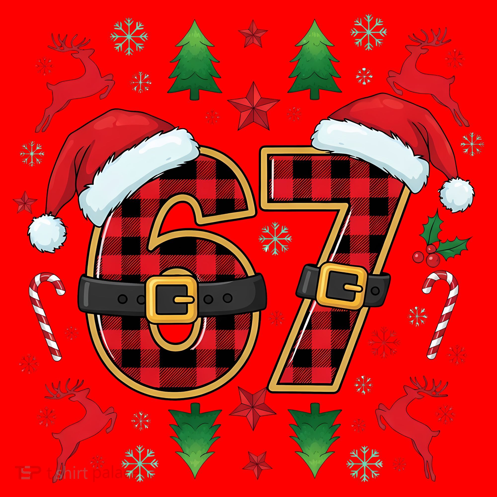 67 Christmas Plaid Number Viral Meme 6-7 Six Seven Santa Hat
