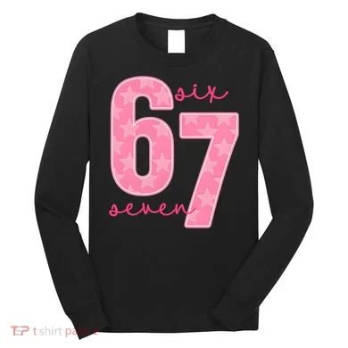 67 Funny Meme 6-7 Pink Script Long Sleeve Shirt