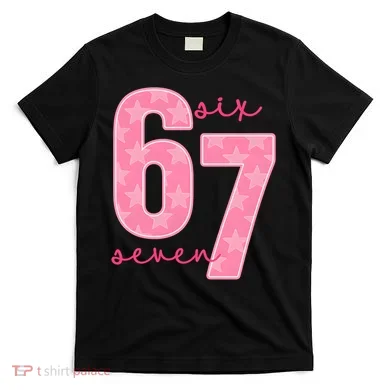 67 Funny Meme 6-7 Pink Script T-Shirt