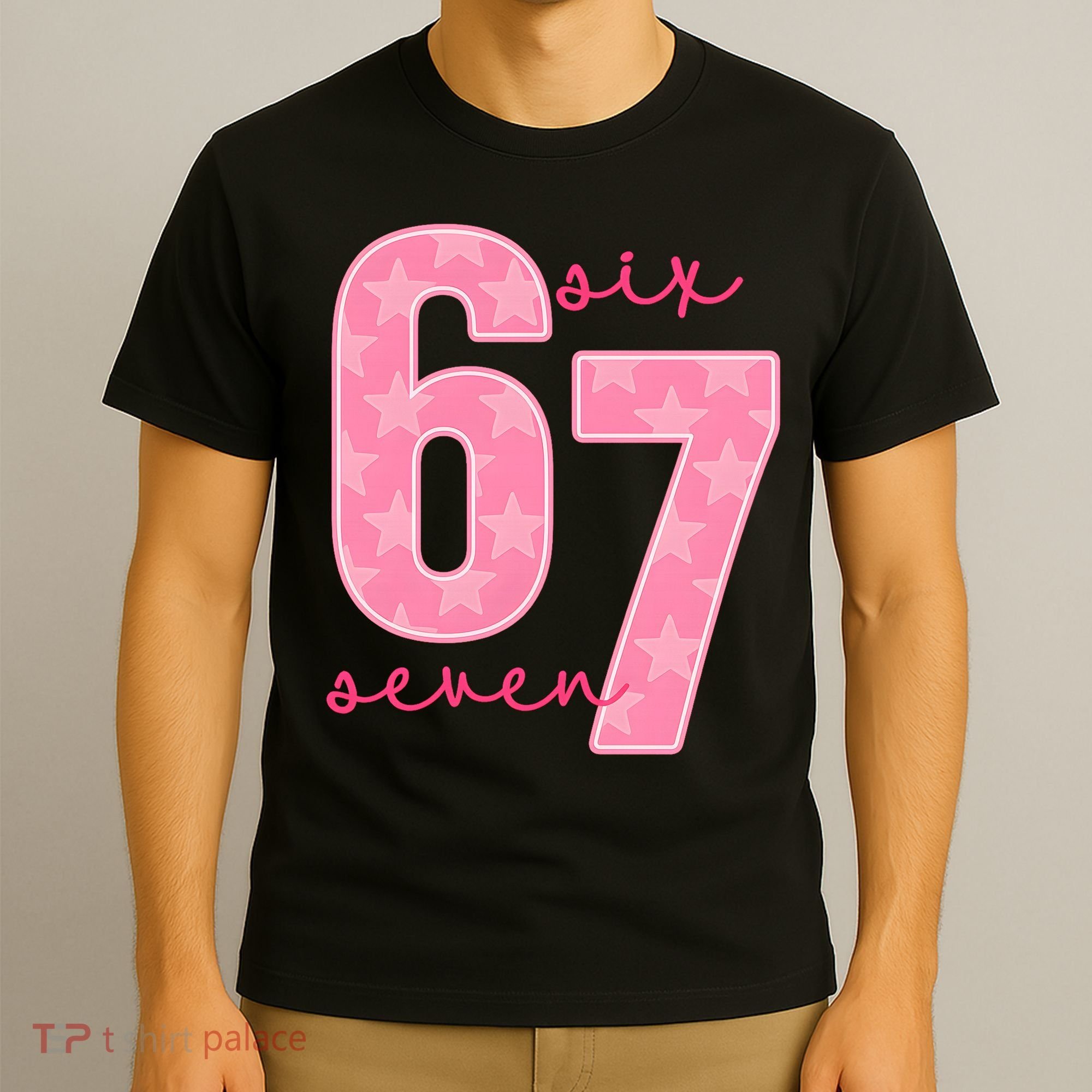67 Funny Meme 6-7 Pink Script T-Shirt