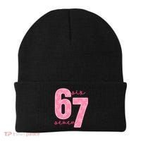 67 Funny Meme 6-7 Pink Script Beanie thumb 0