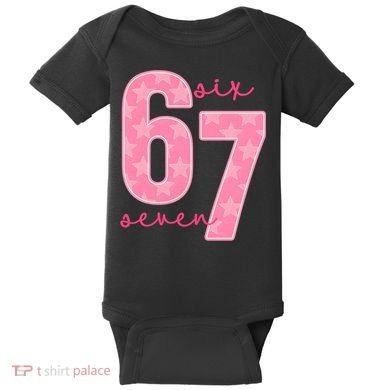 67 Funny Meme 6-7 Pink Script Baby Bodysuit