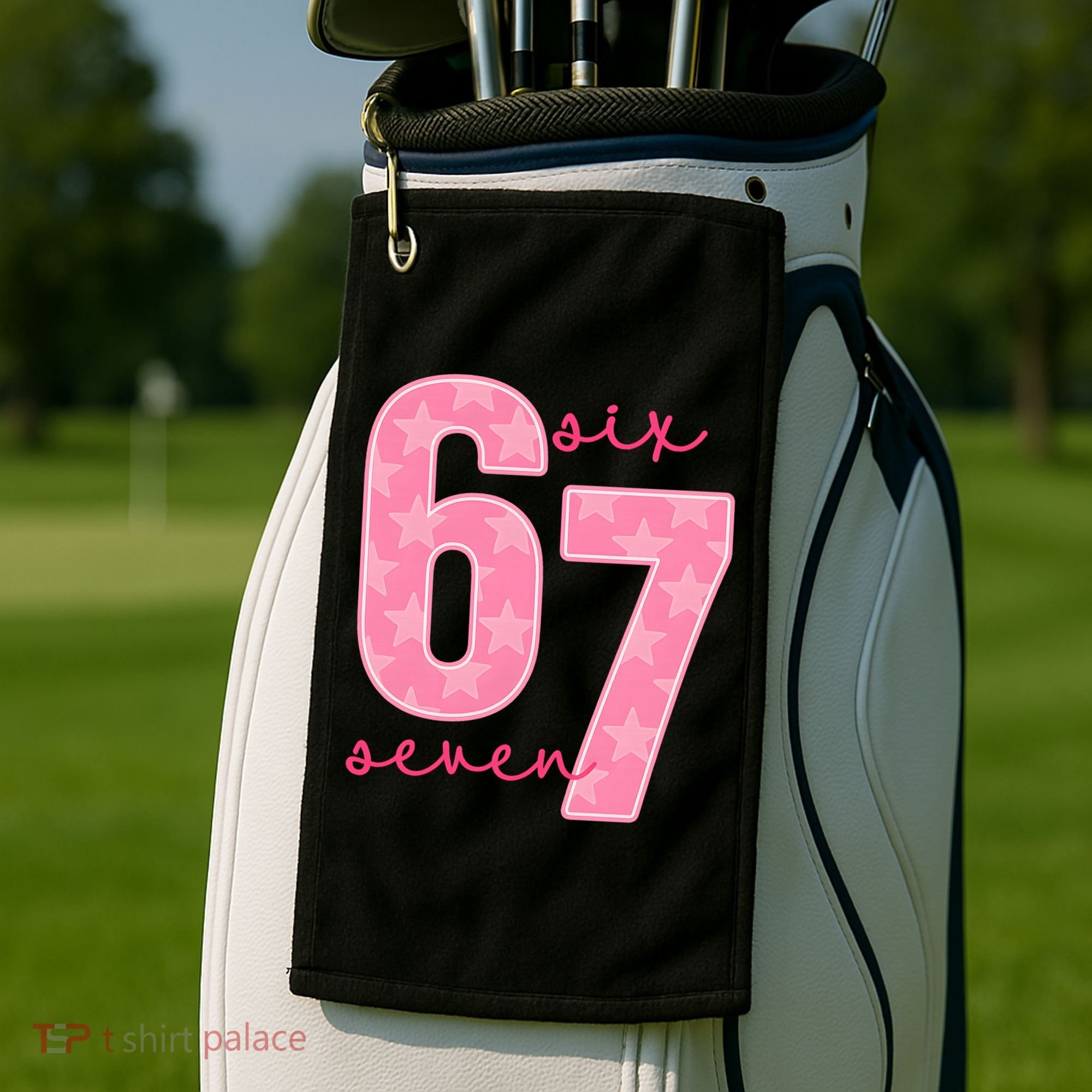 67 Funny Meme 6-7 Pink Script Golf Towel