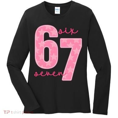 67 Funny Meme 6-7 Pink Script Women's Long Sleeve Shirt