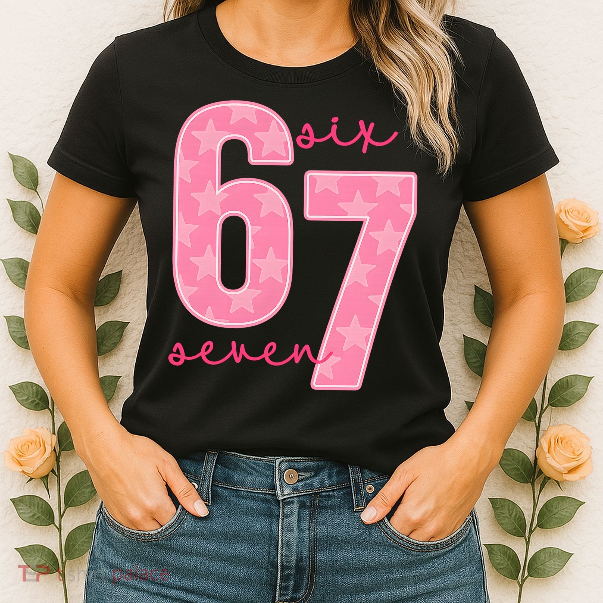 67 Funny Meme 6-7 Pink Script Women's T-Shirt