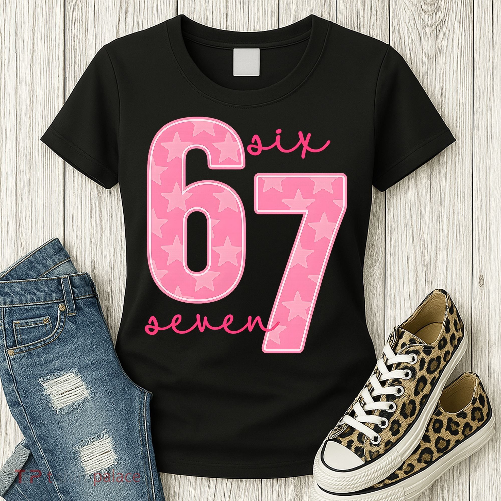 67 Funny Meme 6-7 Pink Script Women's T-Shirt
