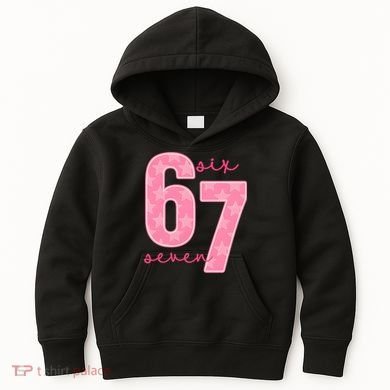 67 Funny Meme 6-7 Pink Script Kids Hoodie