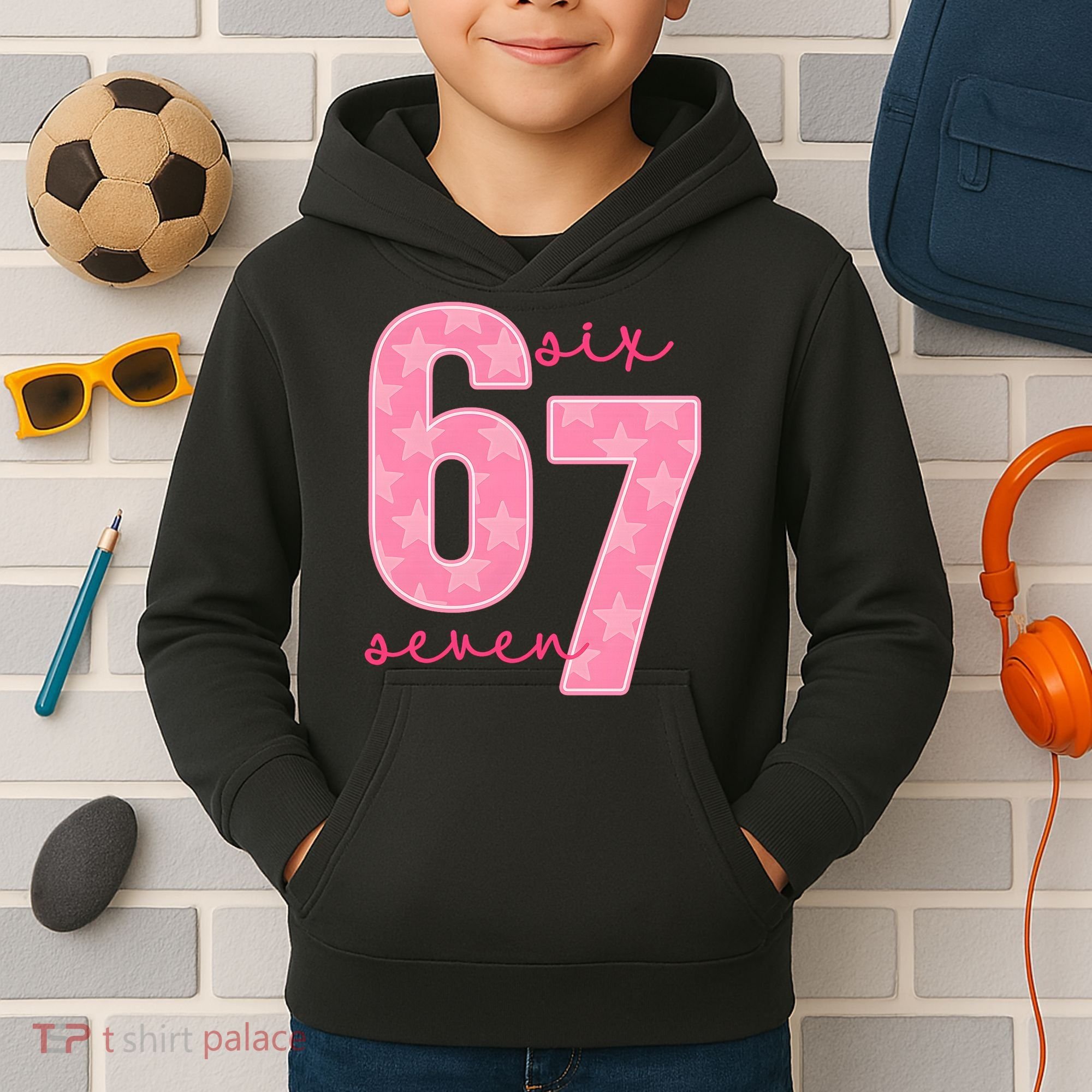 67 Funny Meme 6-7 Pink Script Kids Hoodie