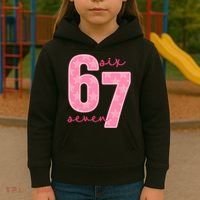 67 Funny Meme 6-7 Pink Script Kids Hoodie thumb 3