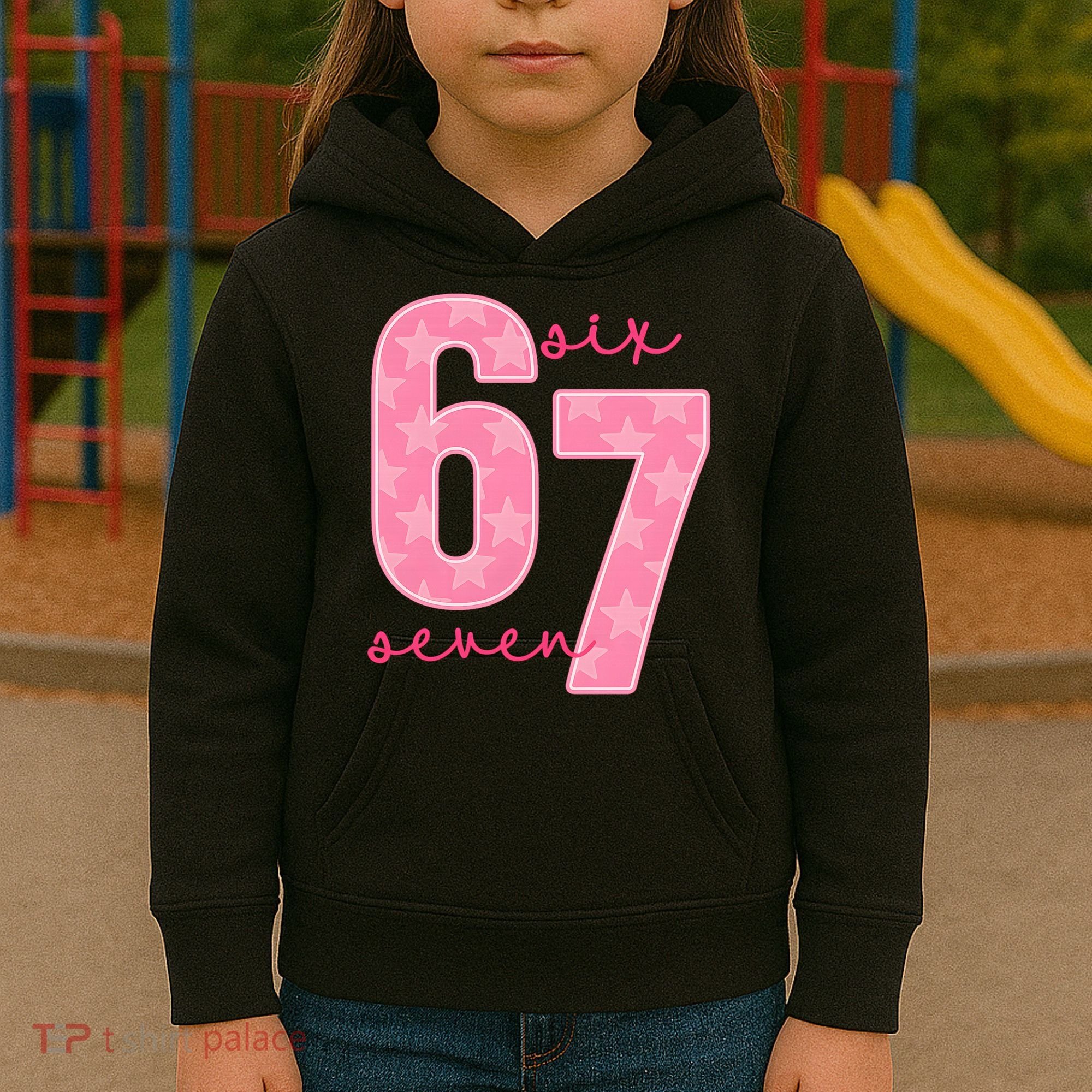 67 Funny Meme 6-7 Pink Script Kids Hoodie