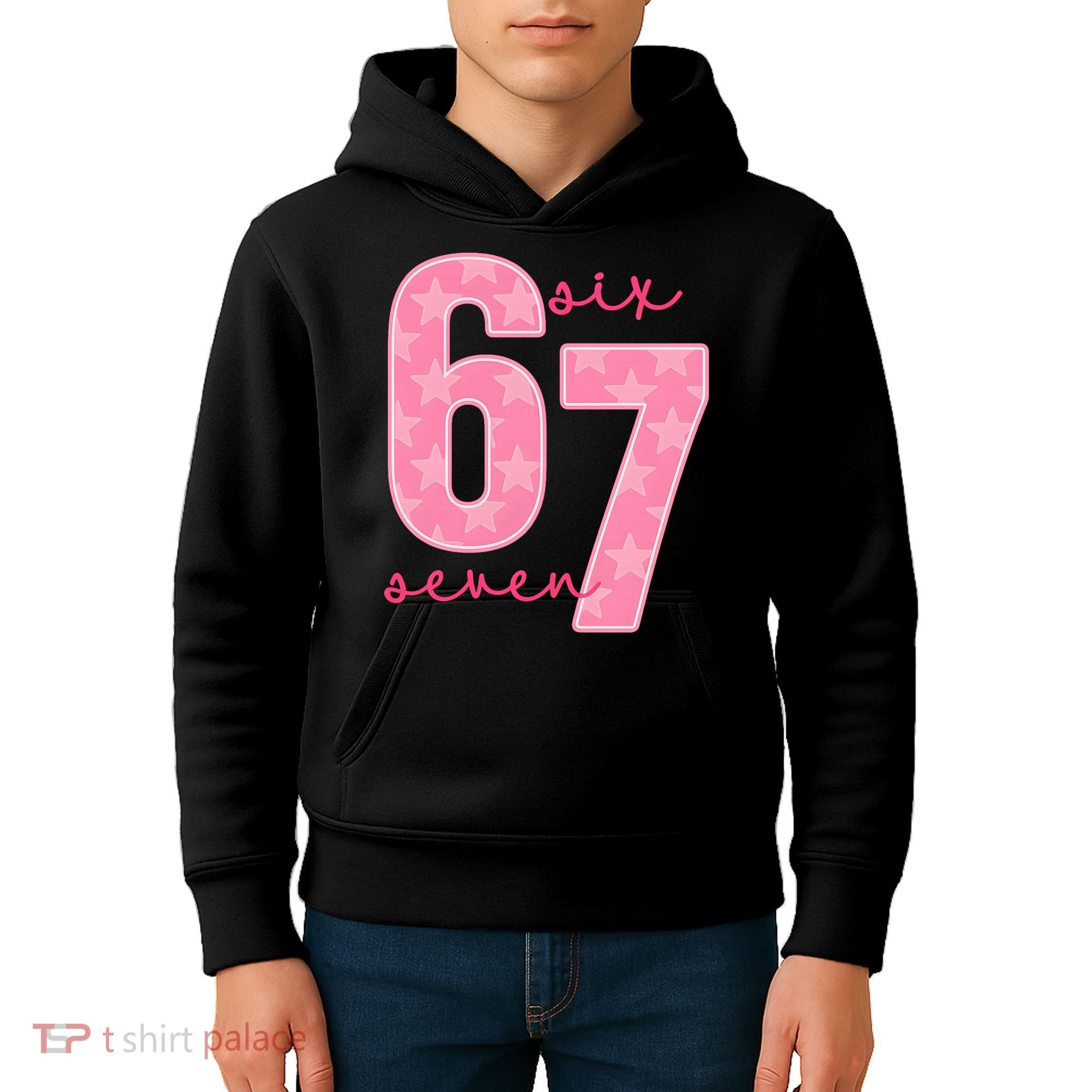 67 Funny Meme 6-7 Pink Script Kids Hoodie