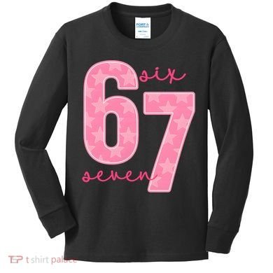 67 Funny Meme 6-7 Pink Script Kids Long Sleeve Shirt