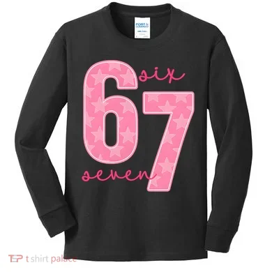 67 Funny Meme 6-7 Pink Script Kids Long Sleeve Shirt