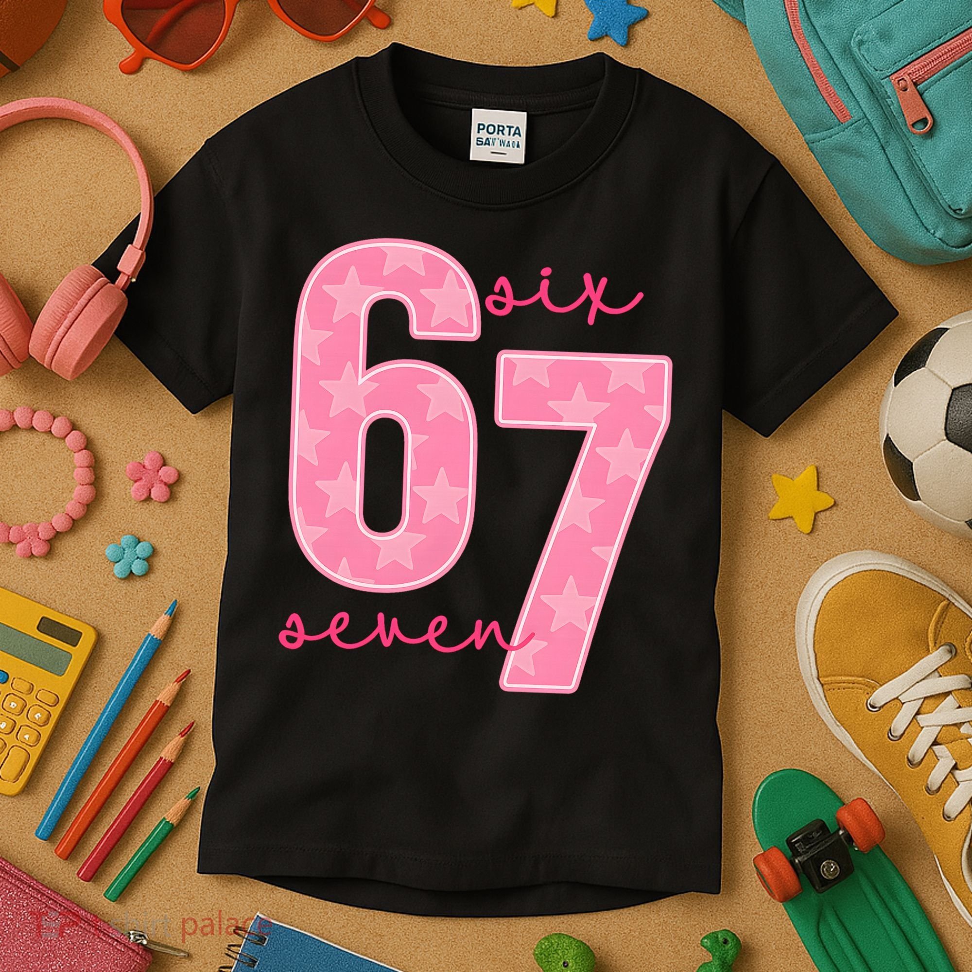 67 Funny Meme 6-7 Pink Script Kids T-Shirt