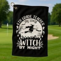 6Th Grade Teacher By Day Witch By Night Funny Halloween Cute Gift Golf Towel thumb 1