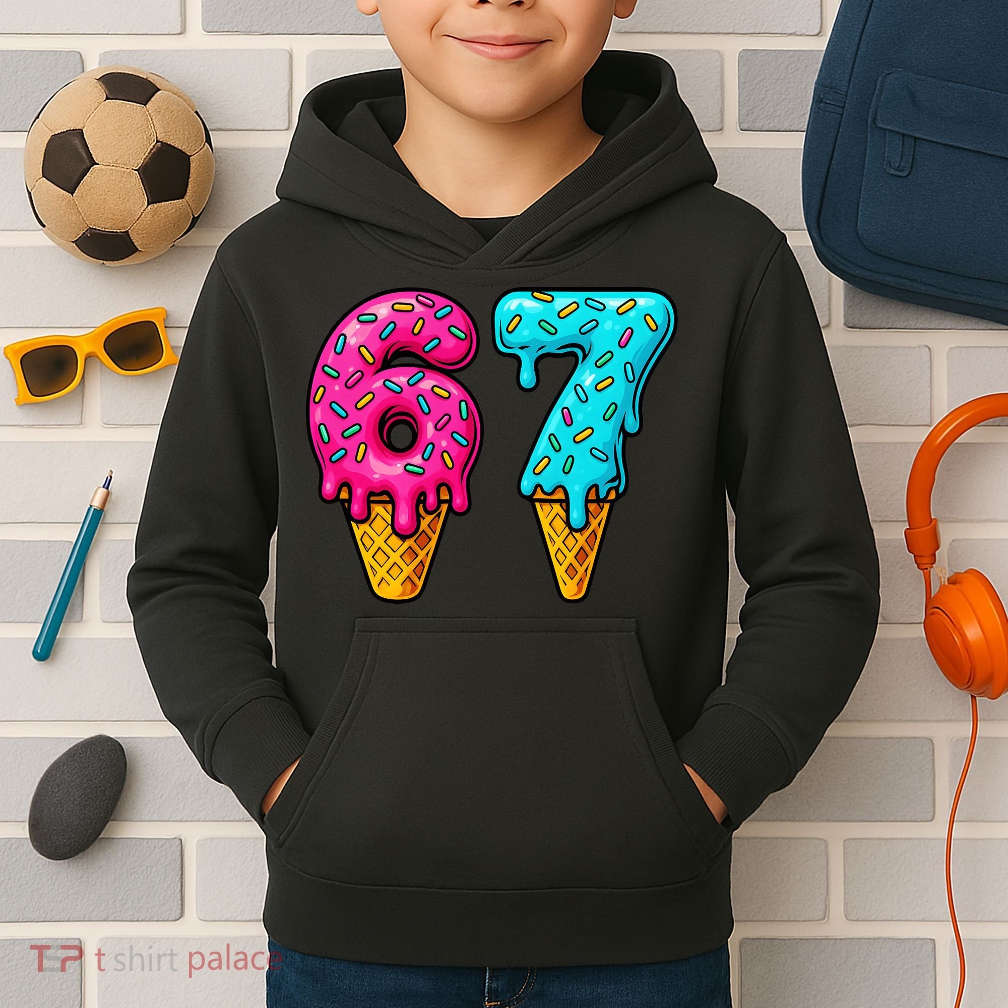 67 Ice Cream Cone Drip Number Sports 6-7 Meme Kids Hoodie