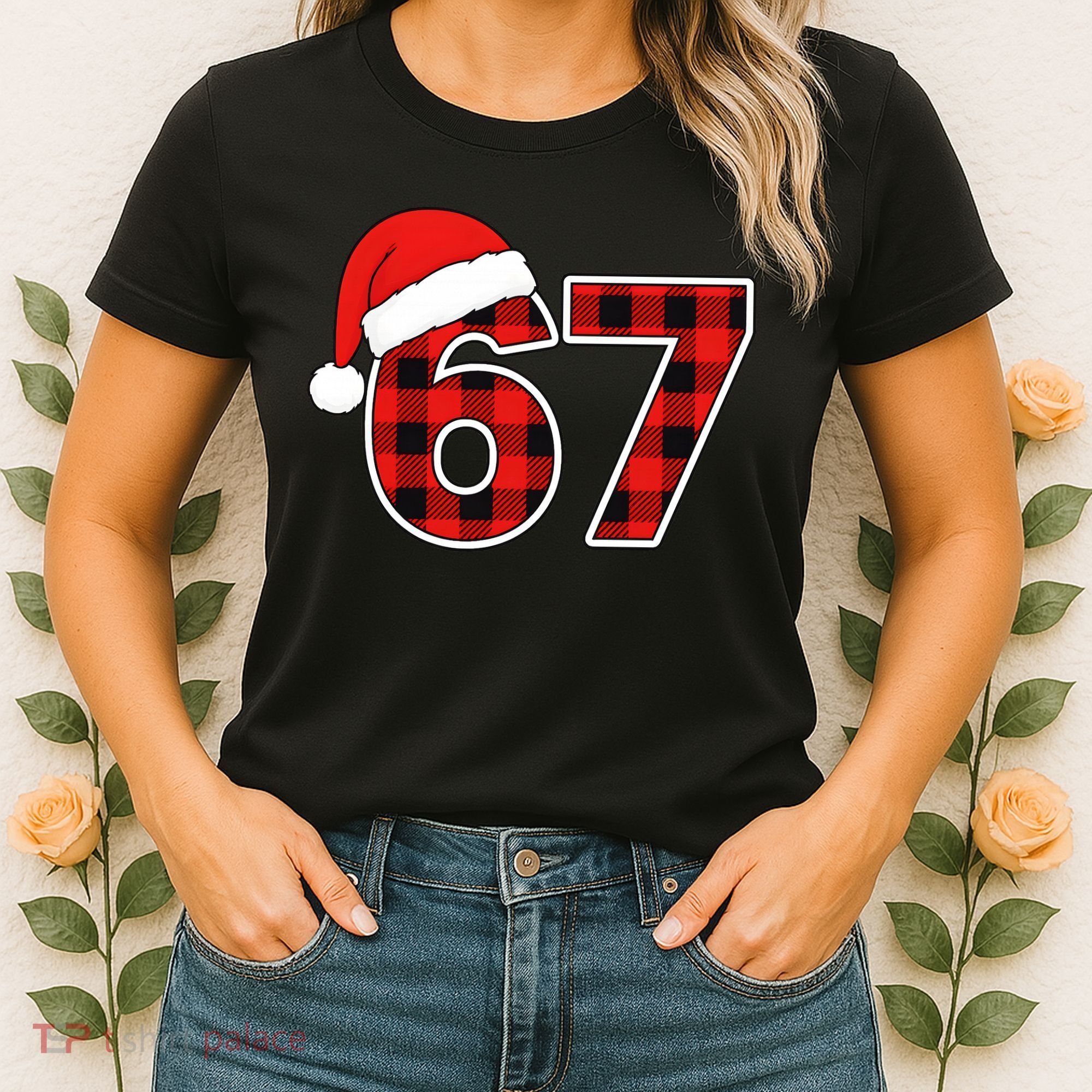 67 Meme Funny Christmas Red Plaid Xmas Slang Women's T-Shirt