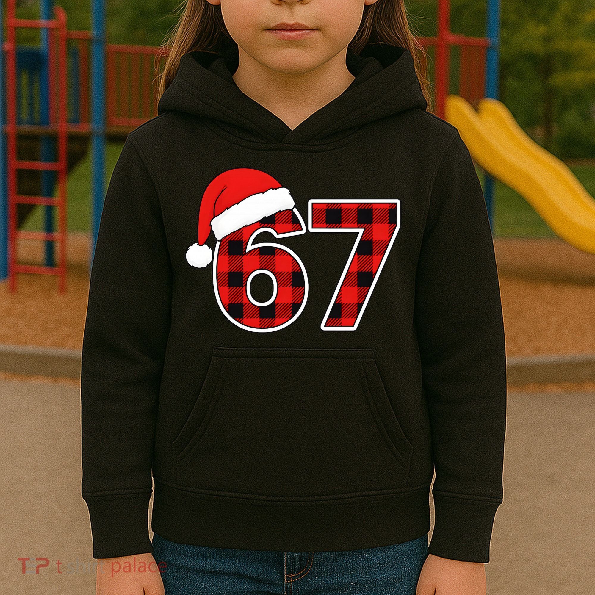 67 Meme Funny Christmas Red Plaid Xmas Slang Kids Hoodie