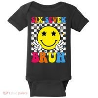 67 Meme Gen Alpha Slang 6-7 Six Seven Bruh Smile Face Baby Bodysuit thumb 0