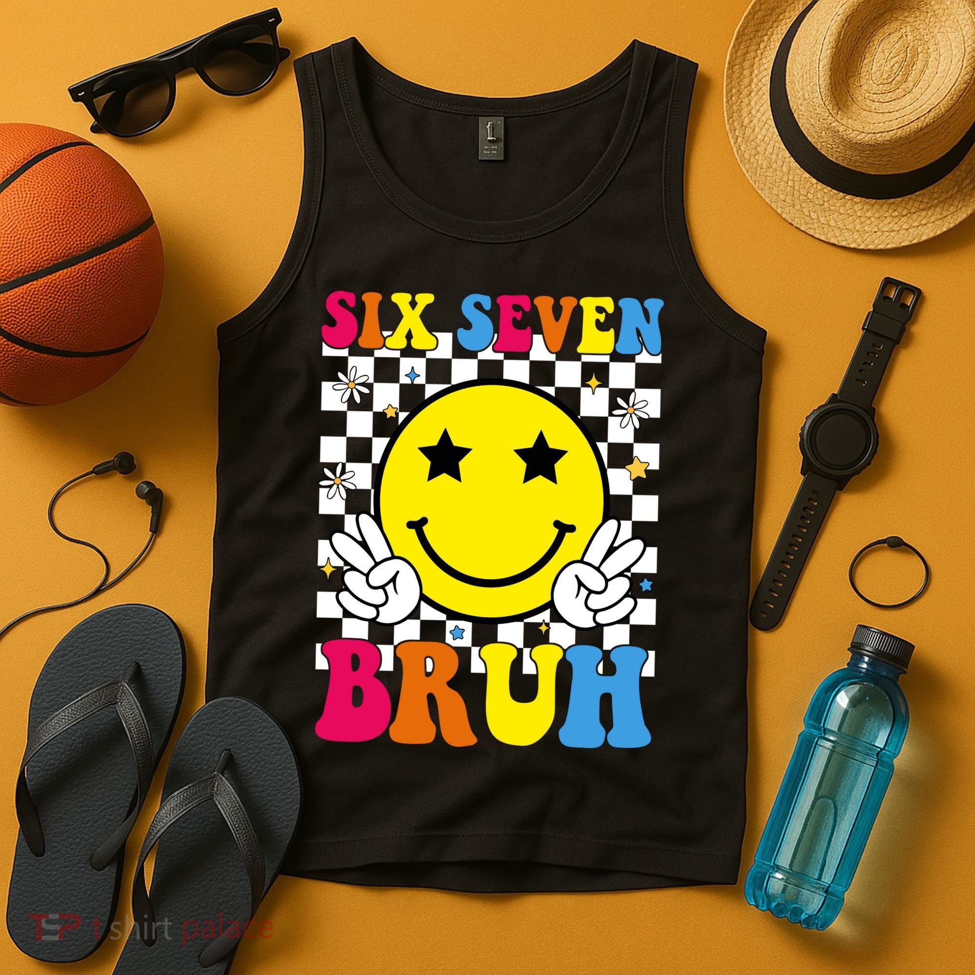 67 Meme Gen Alpha Slang 6-7 Six Seven Bruh Smile Face Tank Top