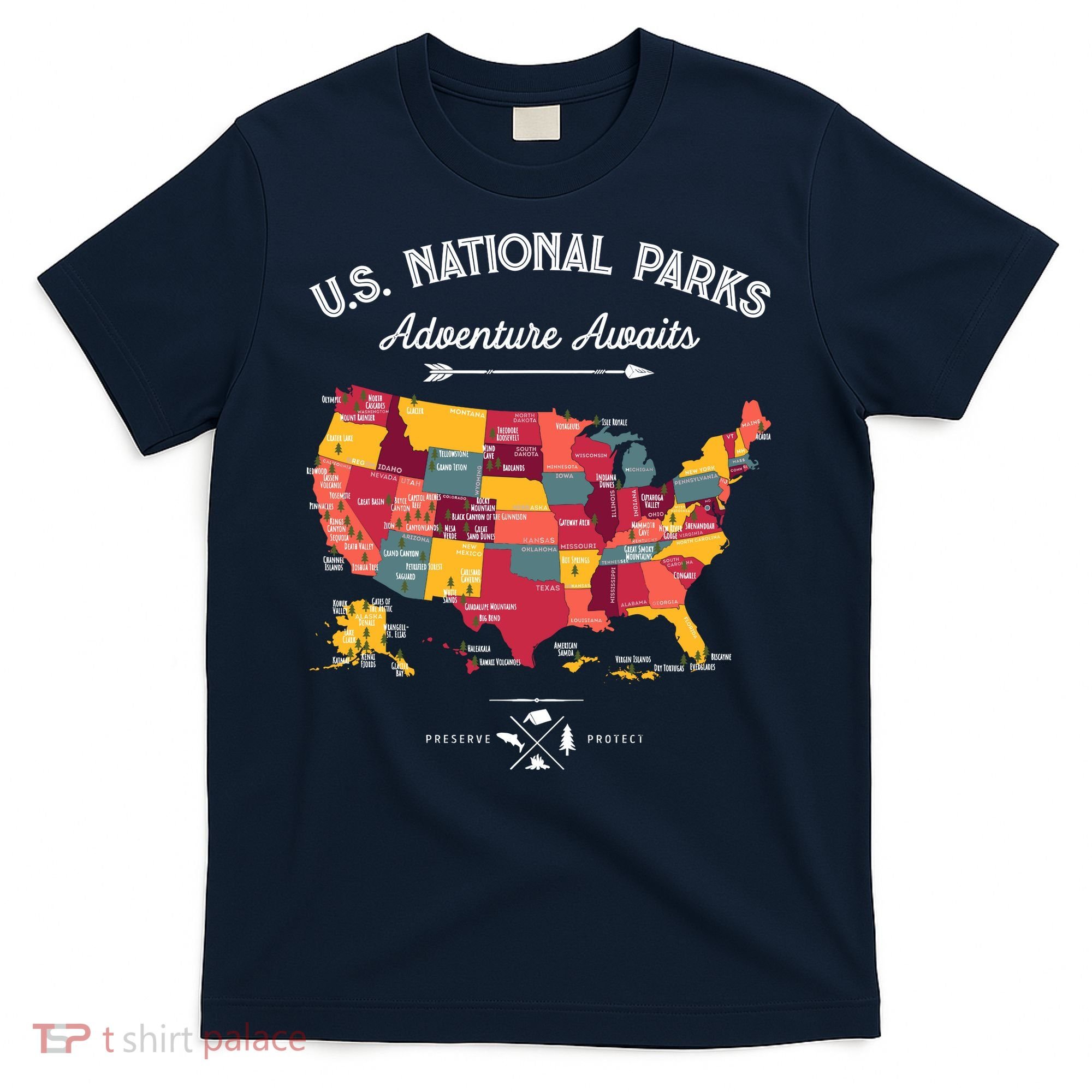 63 National Parks Map Us Park Retro Vintage Camping Hiking T-Shirt