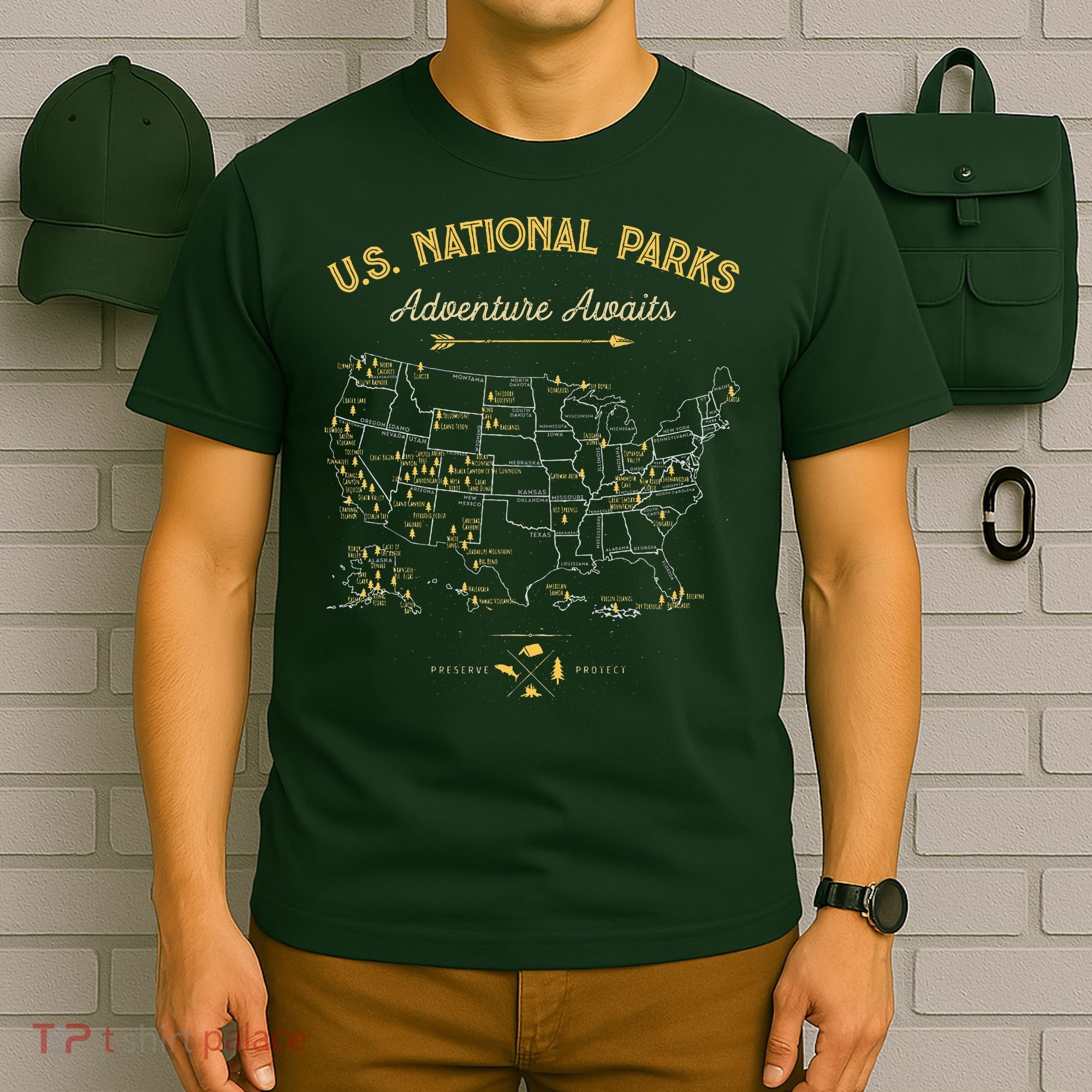 63 National Parks Map US Park Retro Vintage Camping Hiking  T-Shirt