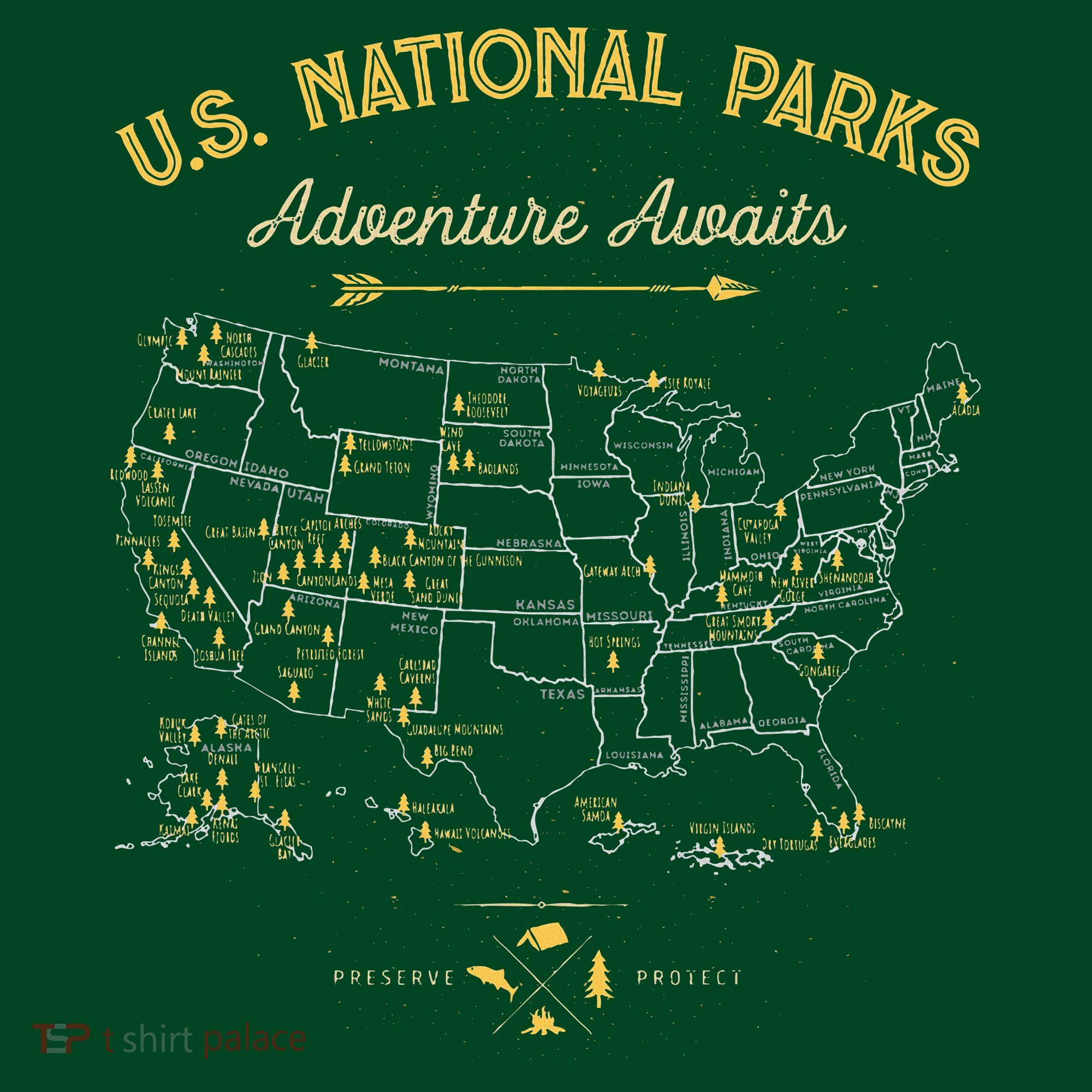 63 National Parks Map US Park Retro Vintage Camping Hiking  T-Shirt