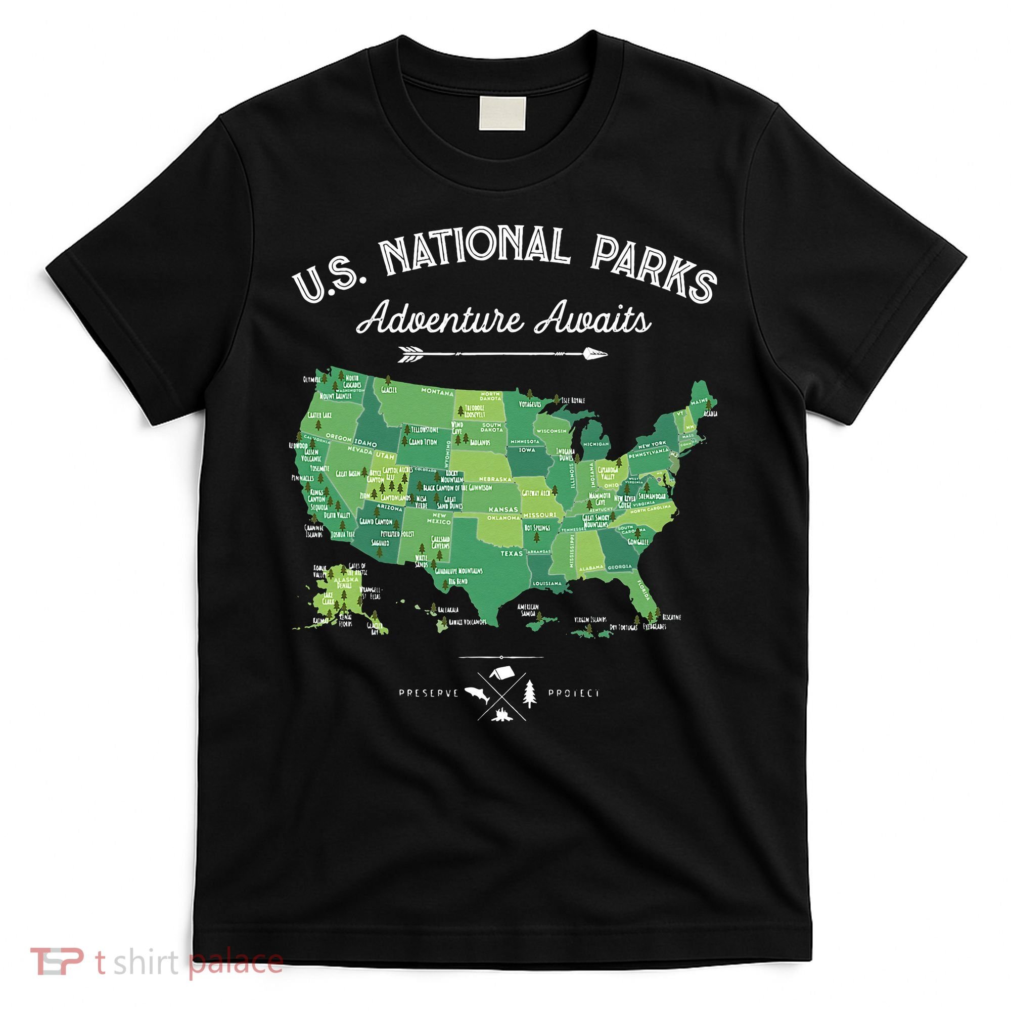 63 National Parks Map US Park Retro Vintage Camping Hiking T-Shirt