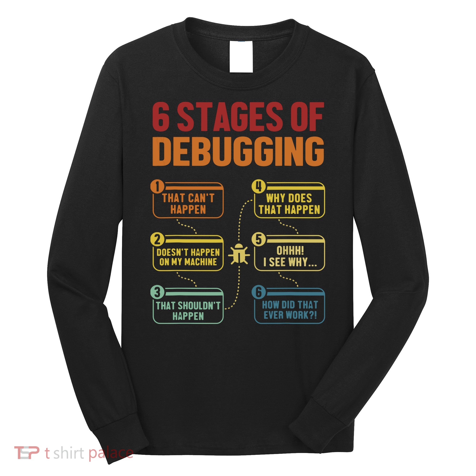6 Stages Of Debugging Full Stack Coder Software Developer Long Sleeve Shirt