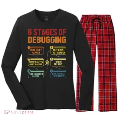 6 Stages Of Debugging Full Stack Coder Software Developer Women's Long Sleeve Flannel Pajama Set