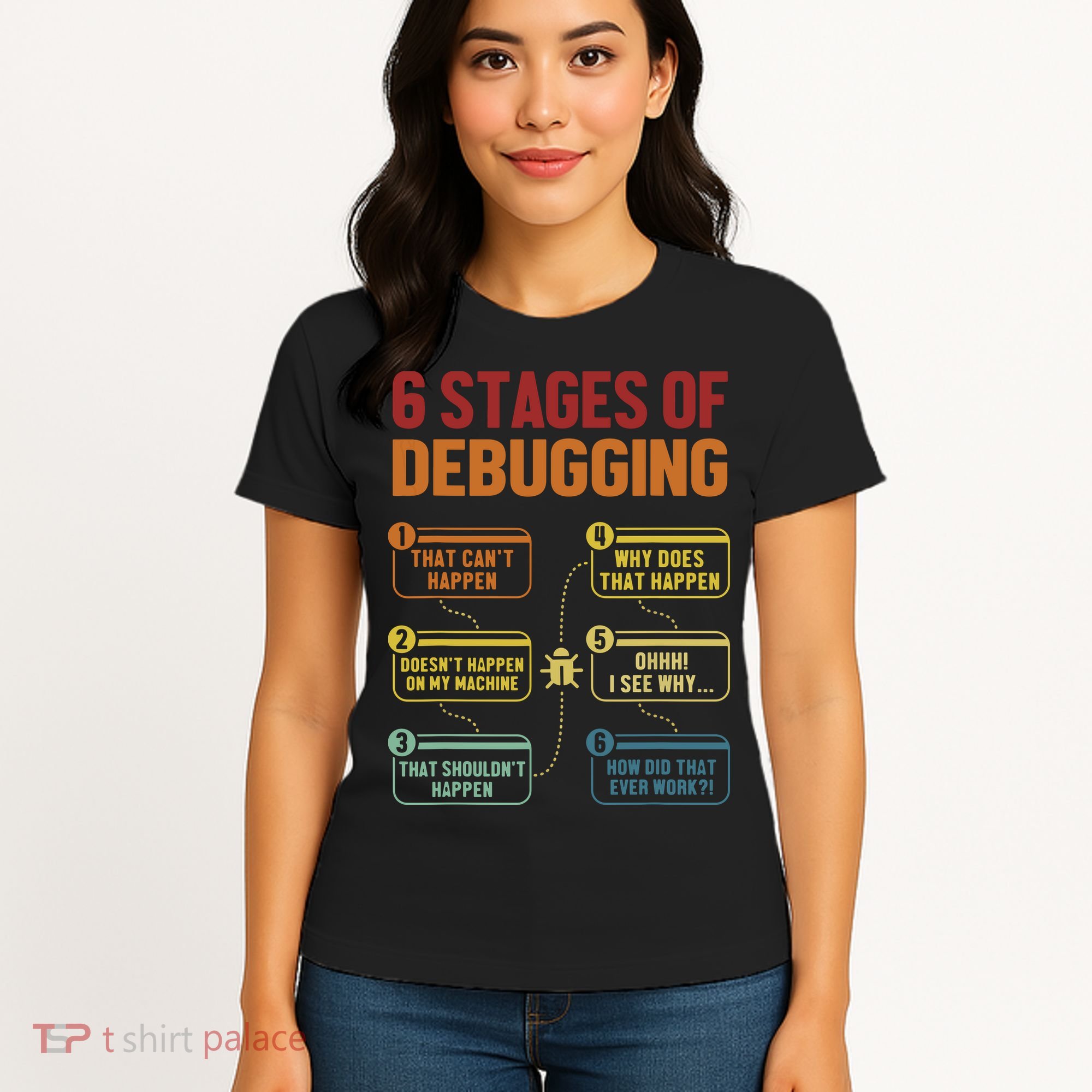 6 Stages Of Debugging Full Stack Coder Software Developer Women's T-Shirt