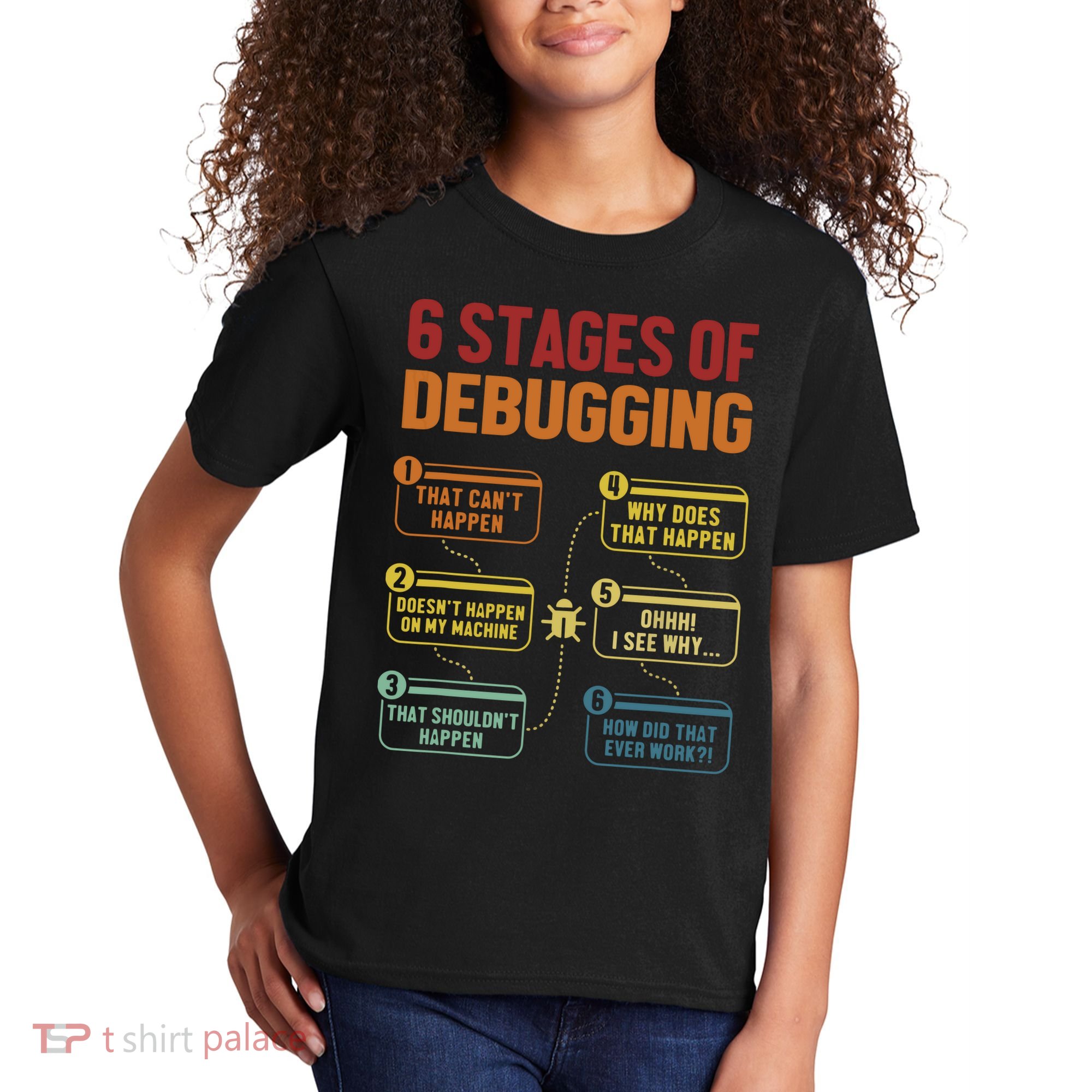 6 Stages Of Debugging Full Stack Coder Software Developer Kids T-Shirt