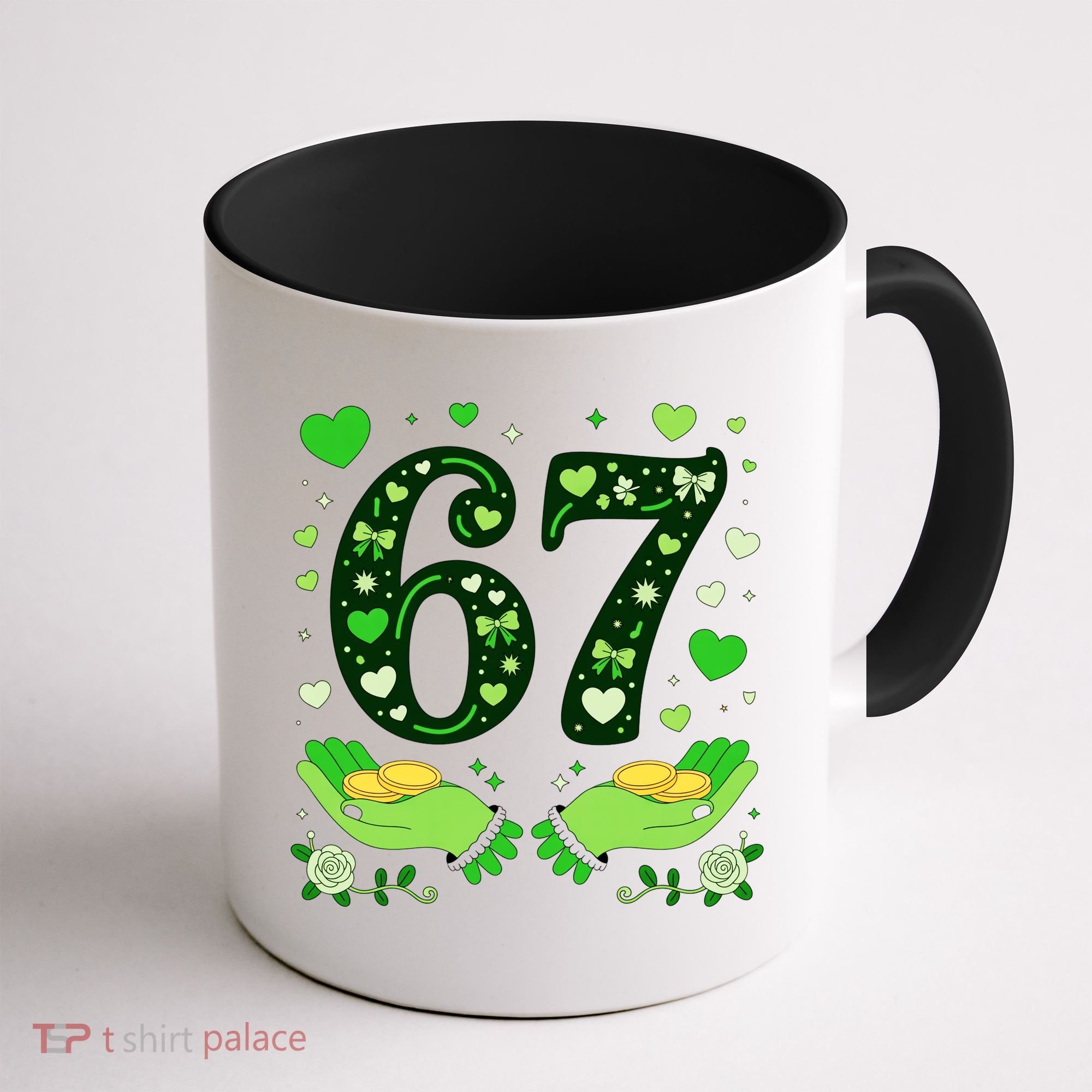 67 St Patricks Day Shamrock Clover Hands 6-7 Meme Coffee Mug