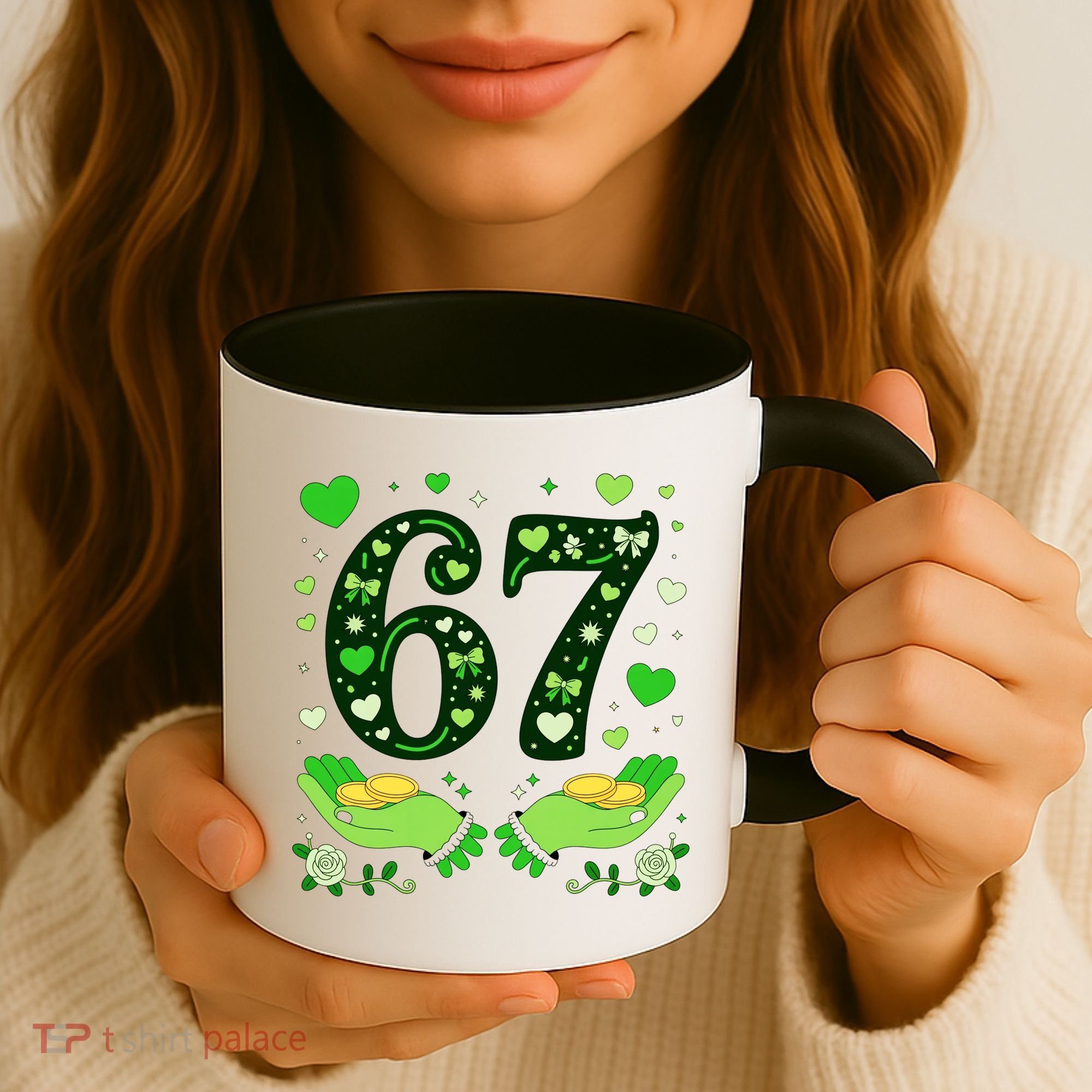 67 St Patricks Day Shamrock Clover Hands 6-7 Meme Coffee Mug