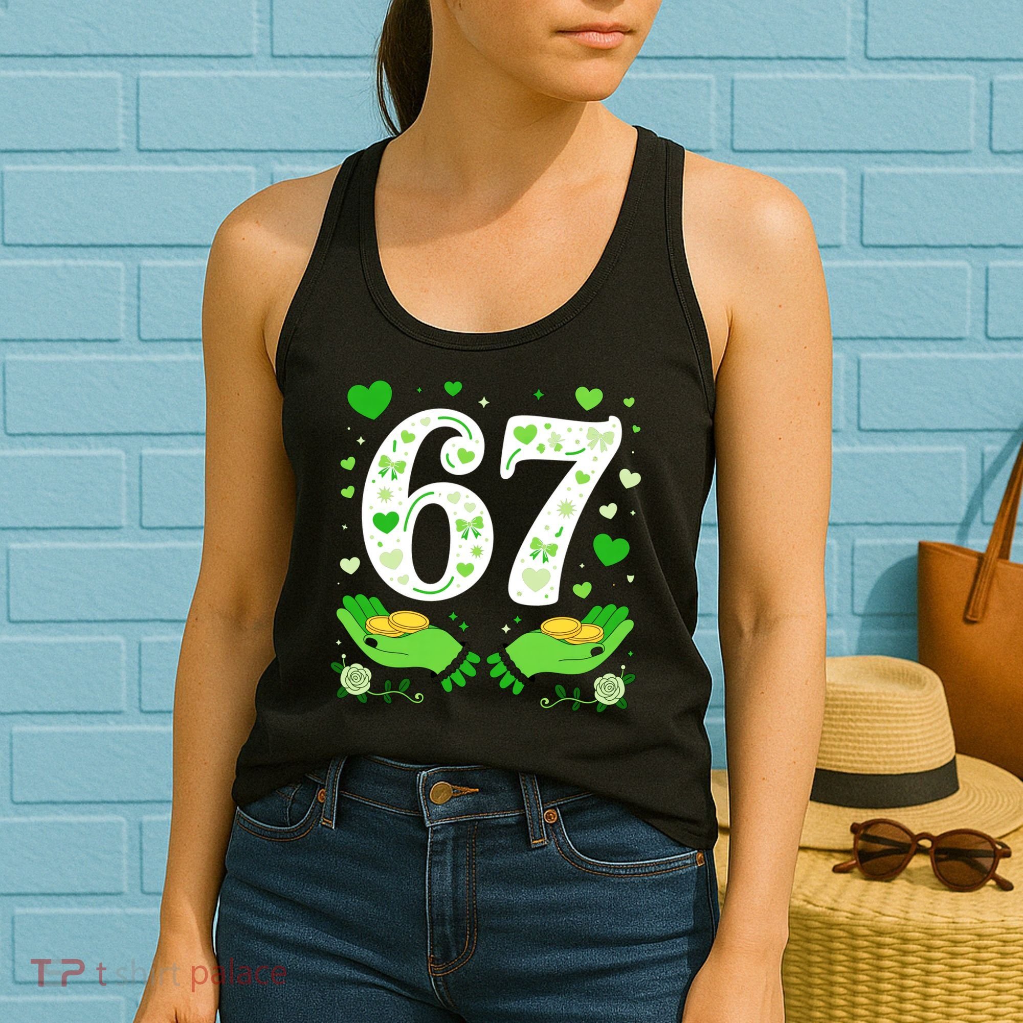 67 St Patricks Day Shamrock Clover Hands 6-7 Meme Women's Tank Top