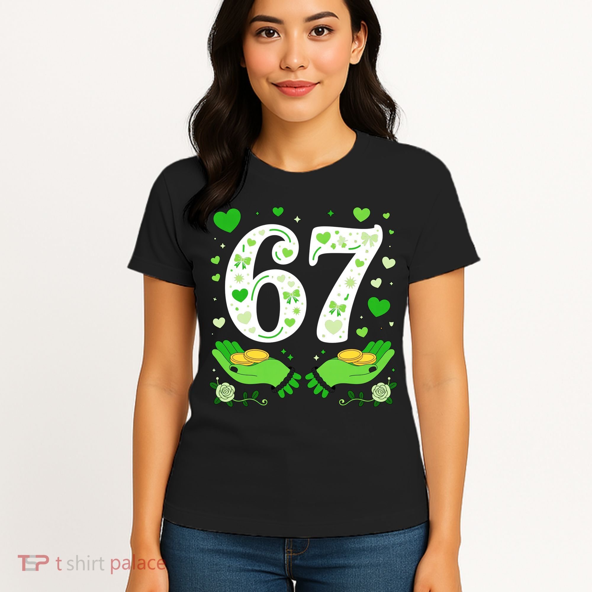 67 St Patricks Day Shamrock Clover Hands 6-7 Meme Women's T-Shirt