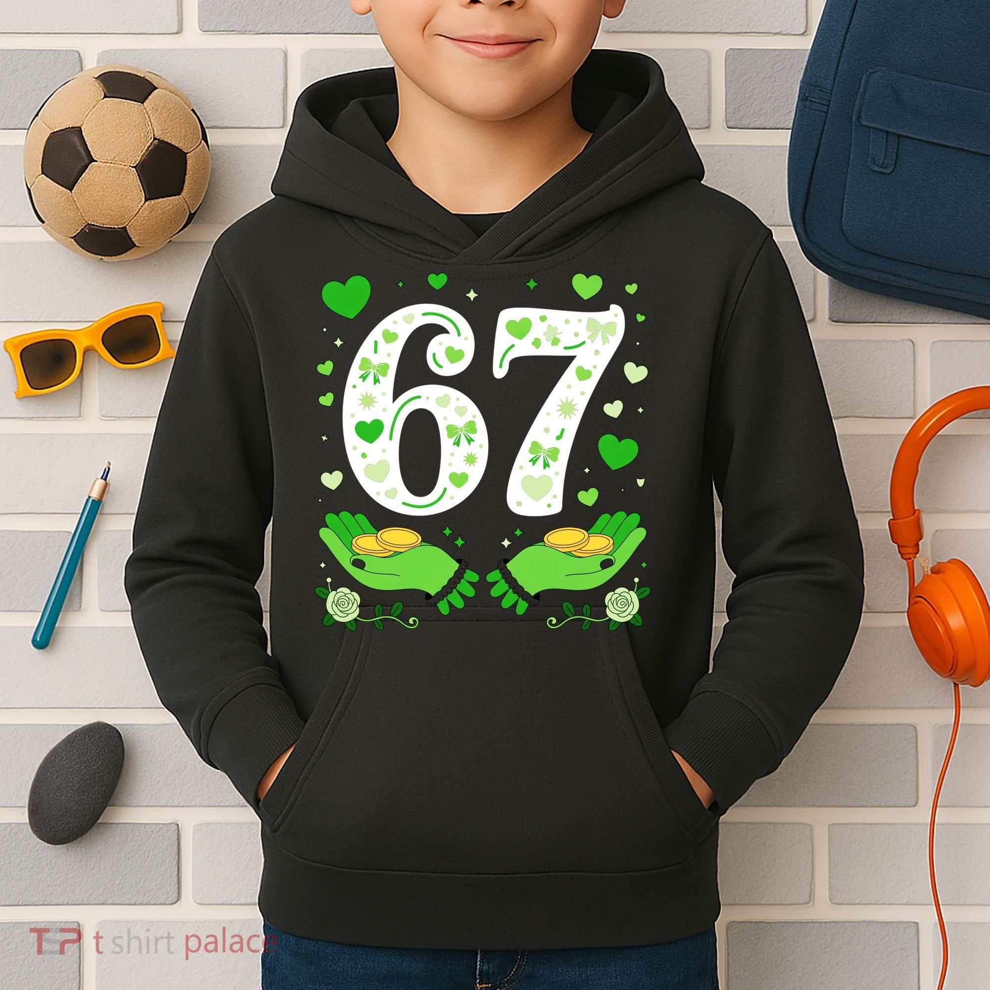 67 St Patricks Day Shamrock Clover Hands 6-7 Meme Kids Hoodie