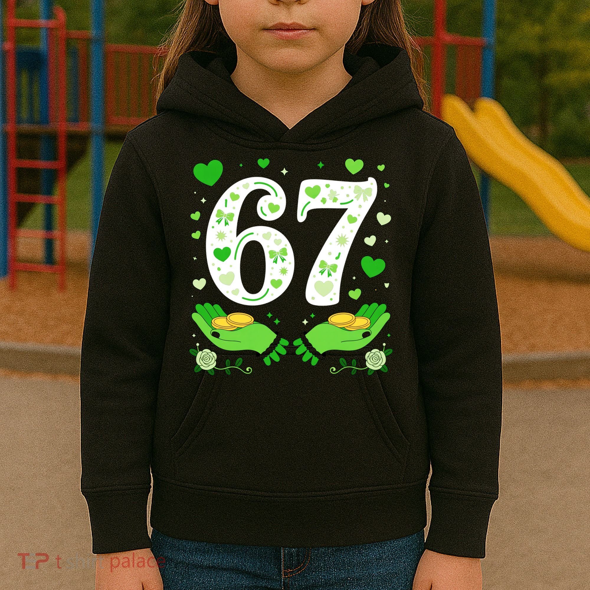 67 St Patricks Day Shamrock Clover Hands 6-7 Meme Kids Hoodie