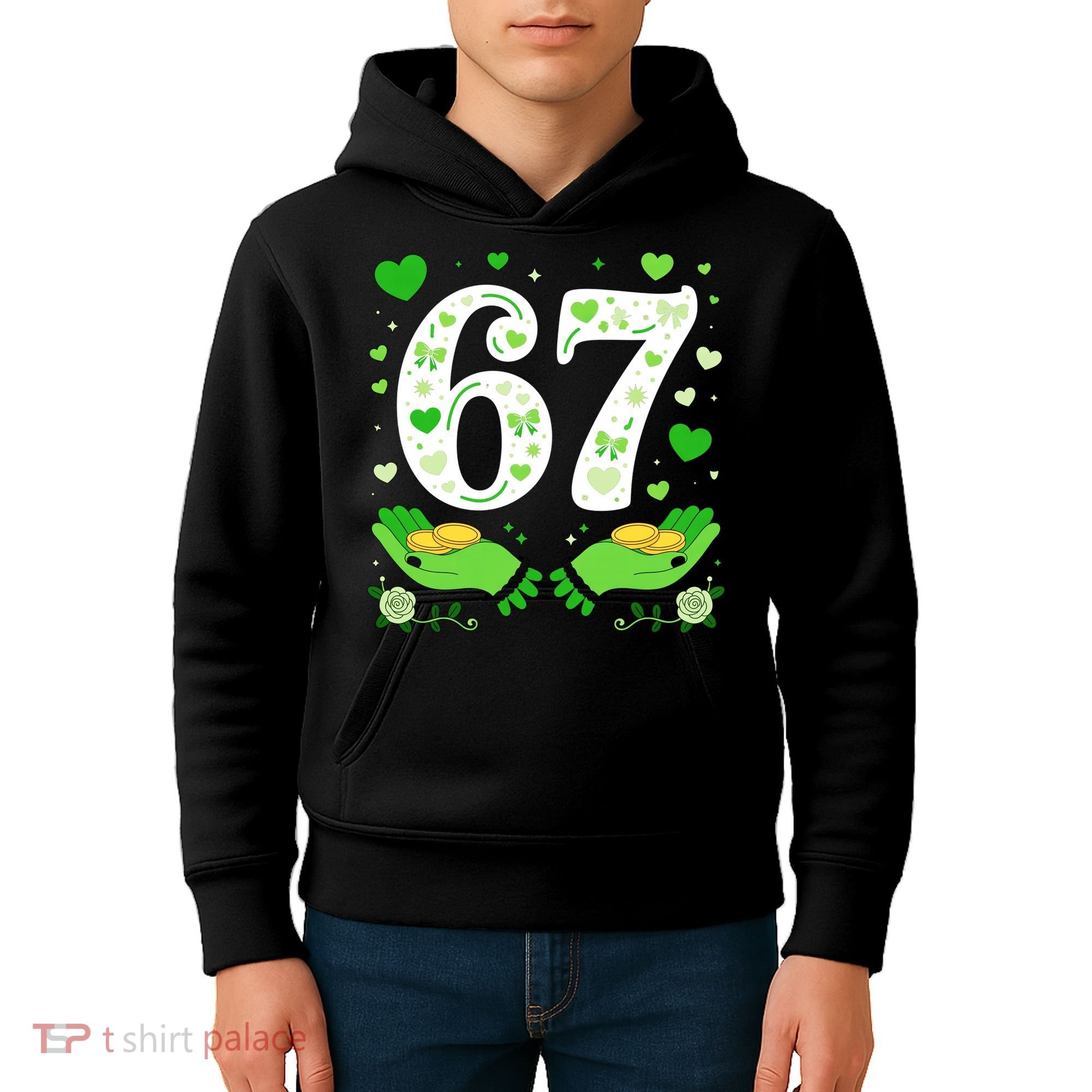 67 St Patricks Day Shamrock Clover Hands 6-7 Meme Kids Hoodie