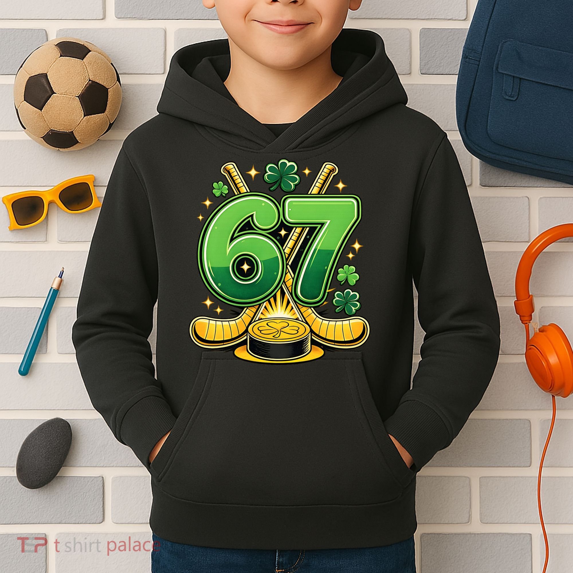 67 St Patricks Day Hockey Clover 6-7 Meme Kids Hoodie