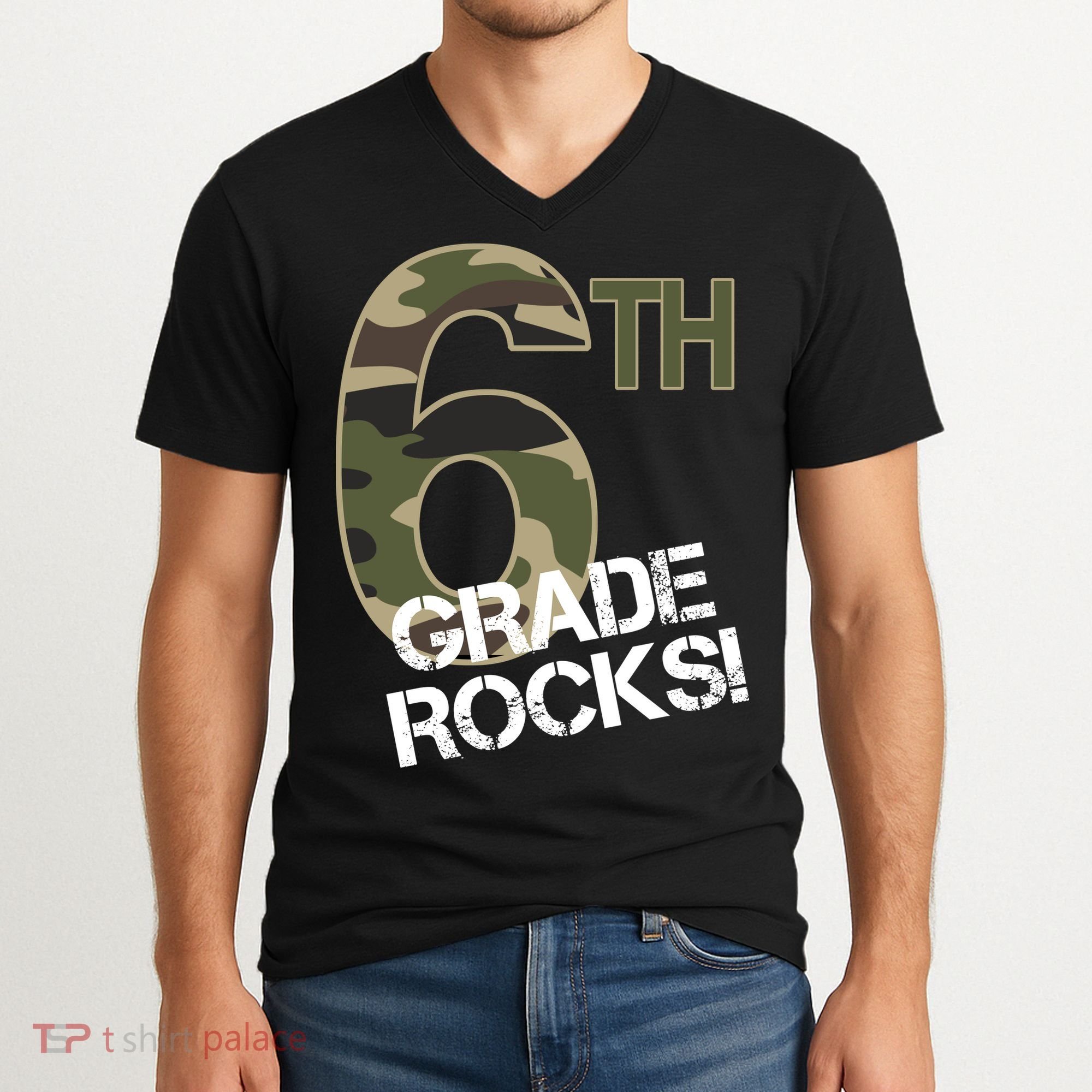 6th Grade Rocks Camo V-Neck T-Shirt