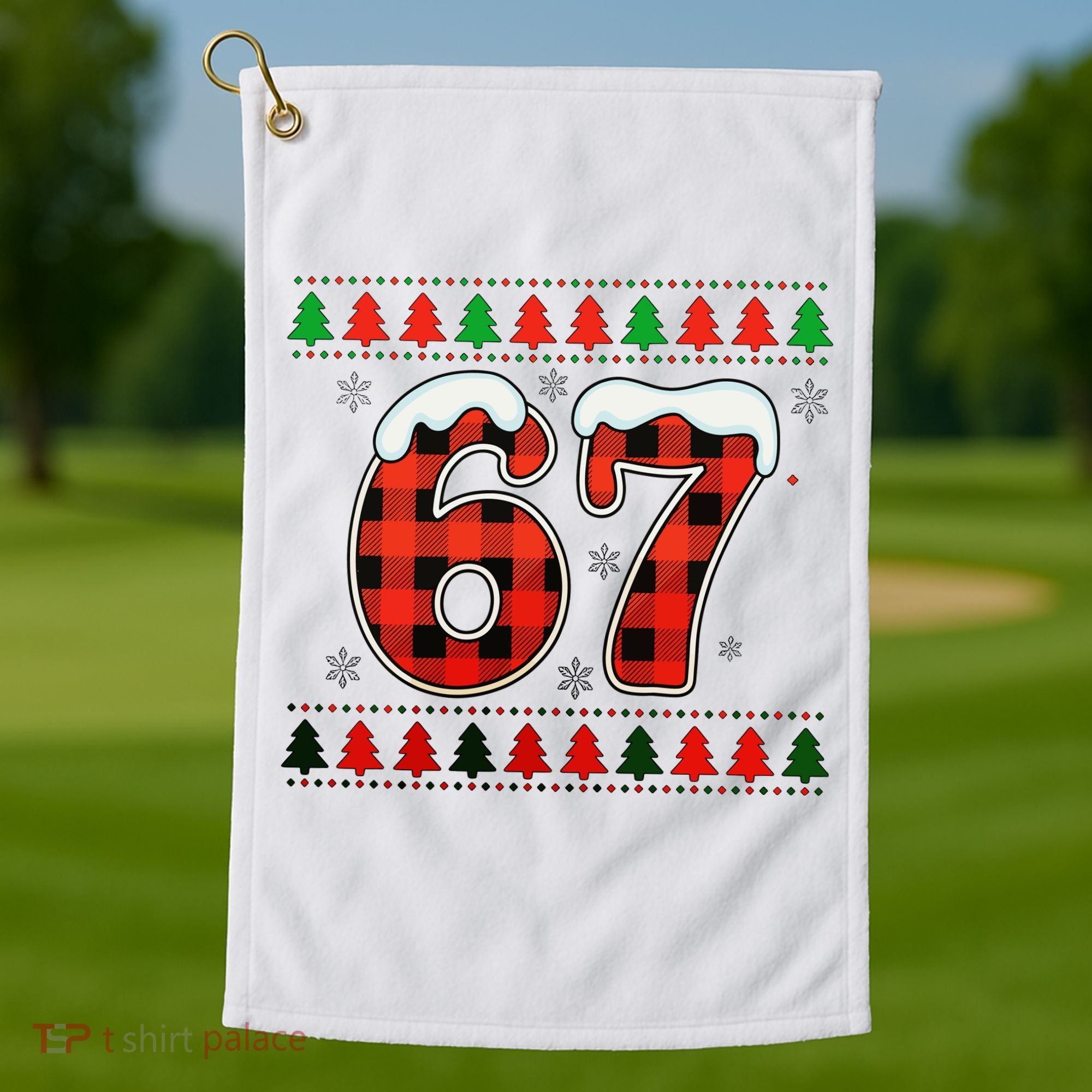 67 Ugly Christmas Xmas Buffalo Plaid Six Seven Golf Towel