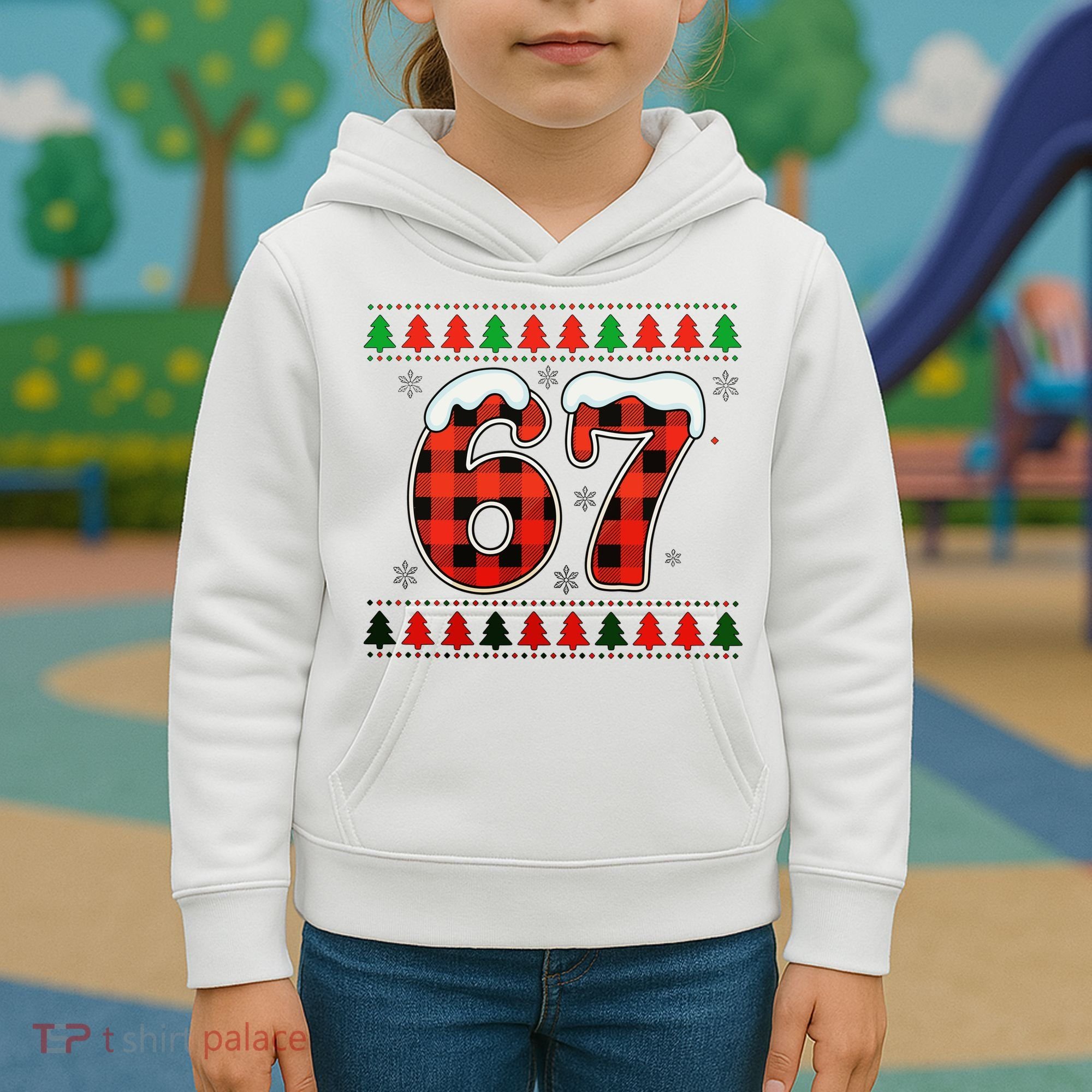 67 Ugly Christmas Xmas Buffalo Plaid Six Seven Kids Hoodie