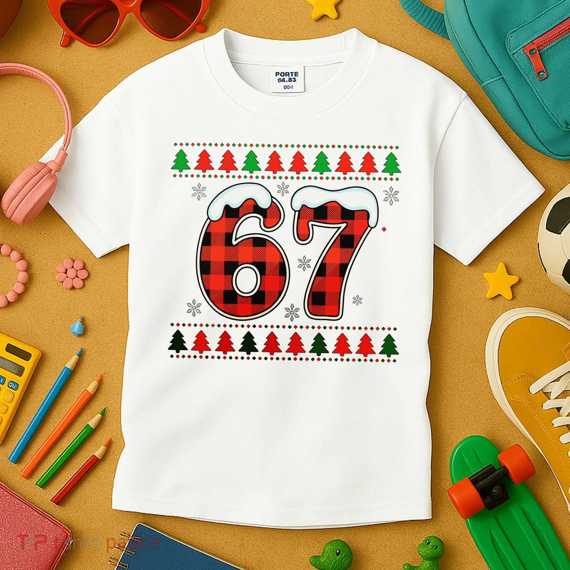 67 Ugly Christmas Xmas Buffalo Plaid Six Seven Kids T-Shirt