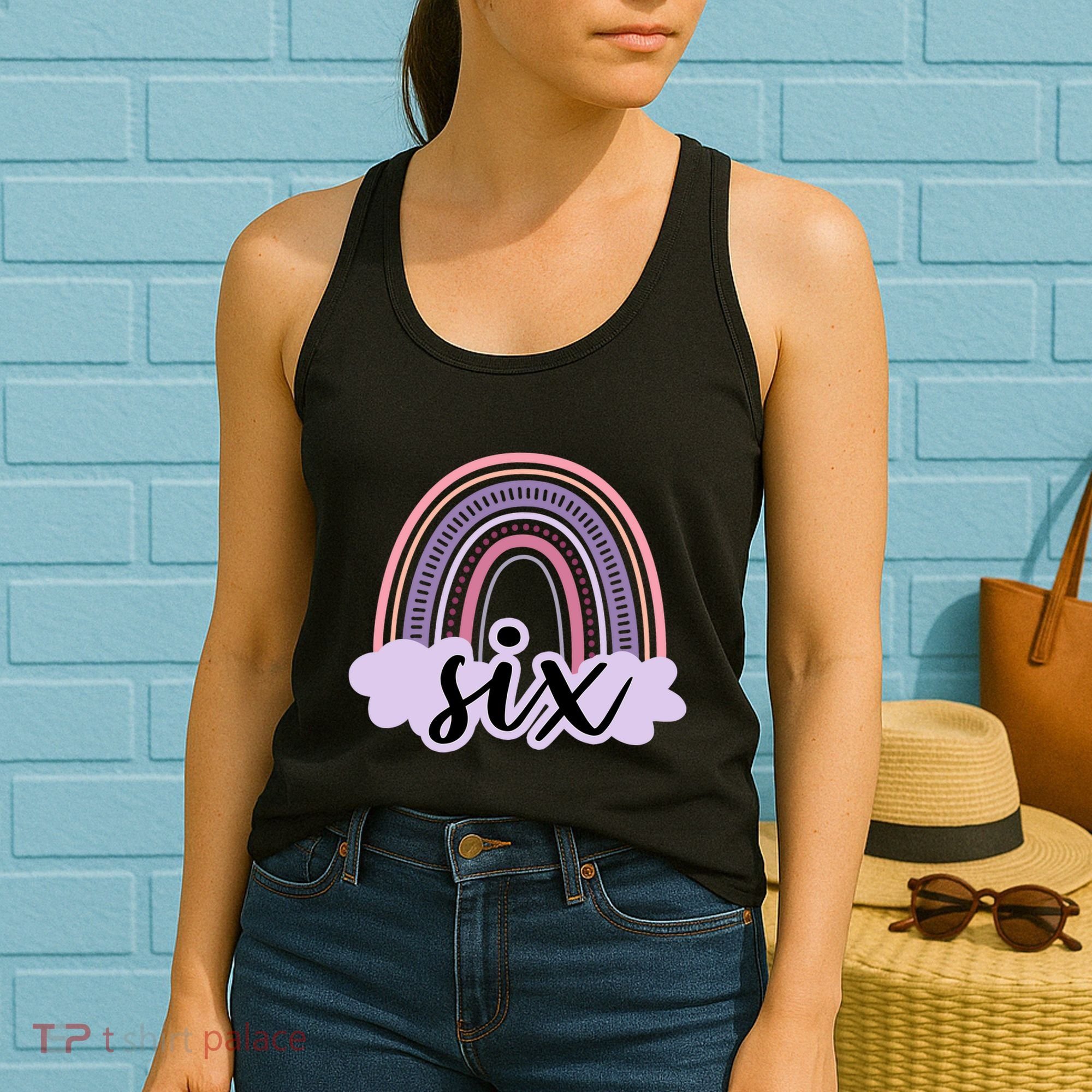 6 Year Old Boho Rainbow Six 6th Birthday Girl Family Party Women's Tank Top