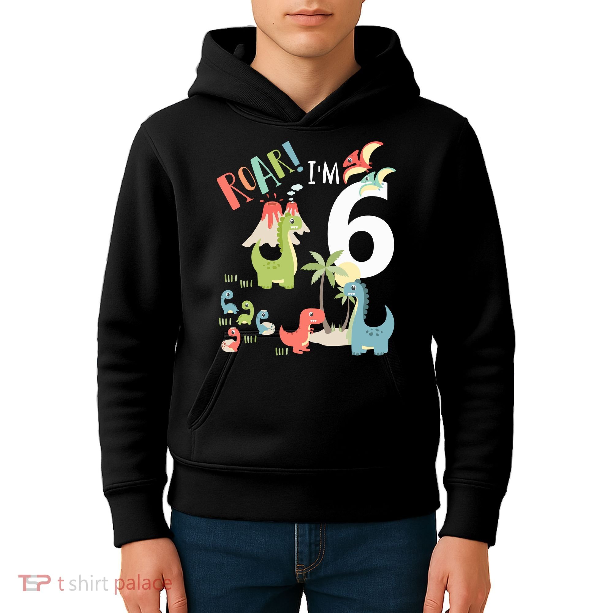 6 Year Old Roar Im 6 6th Birthday Boy T Rex Dinosaur Kids Hoodie