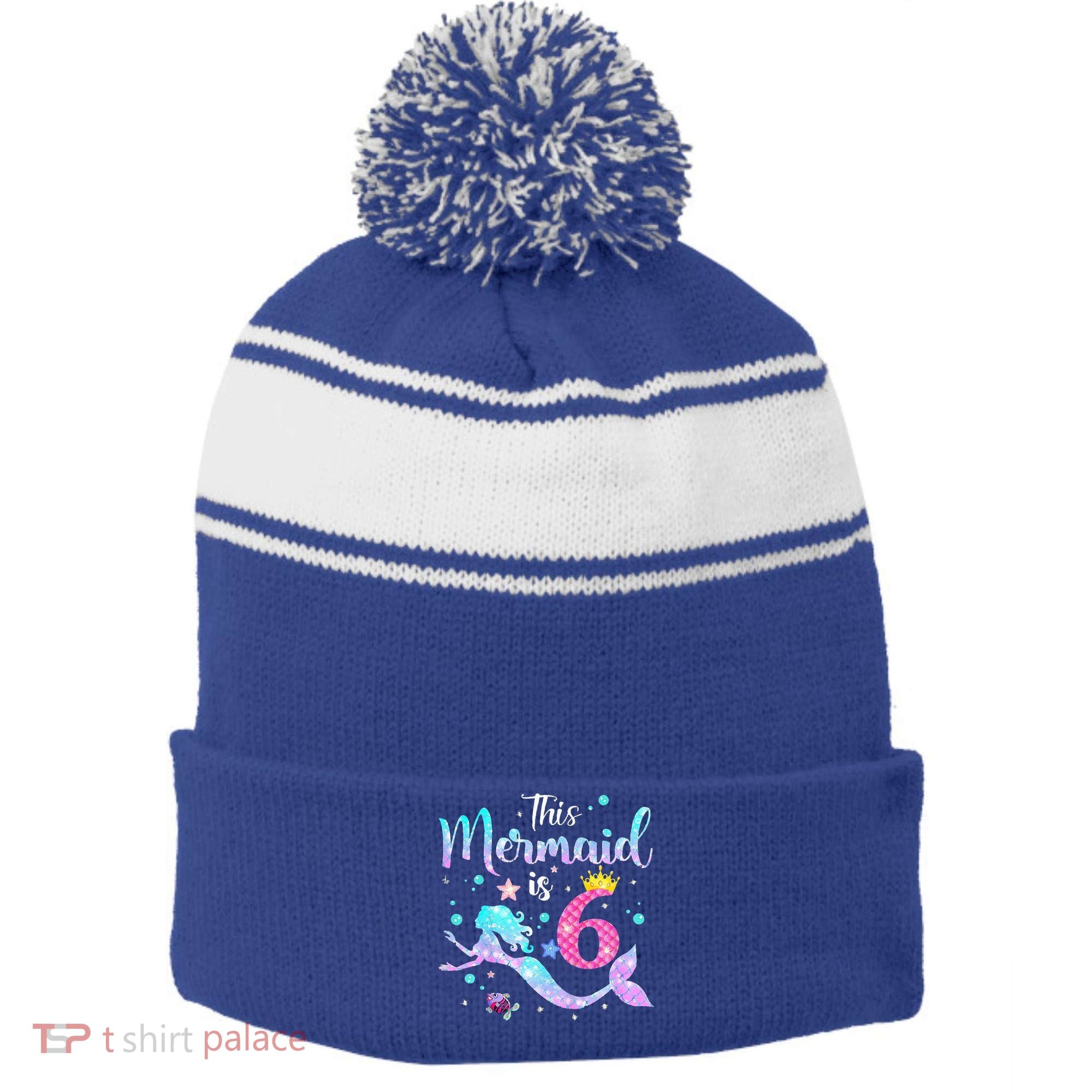 6 Year Old This Mermaid Is 6th Birthday Daughter Stripe Pom Pom Beanie